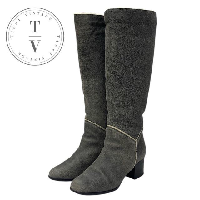 シャネル CHANEL ブーツ ロングブーツ 靴 シューズ レザー ムートン グレー ココマーク