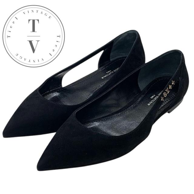 ルイヴィトン LOUIS VUITTON シグネチャーライン パンプス 靴 シューズ スエード ブラック 黒 ゴールド ロゴ フラットシューズ