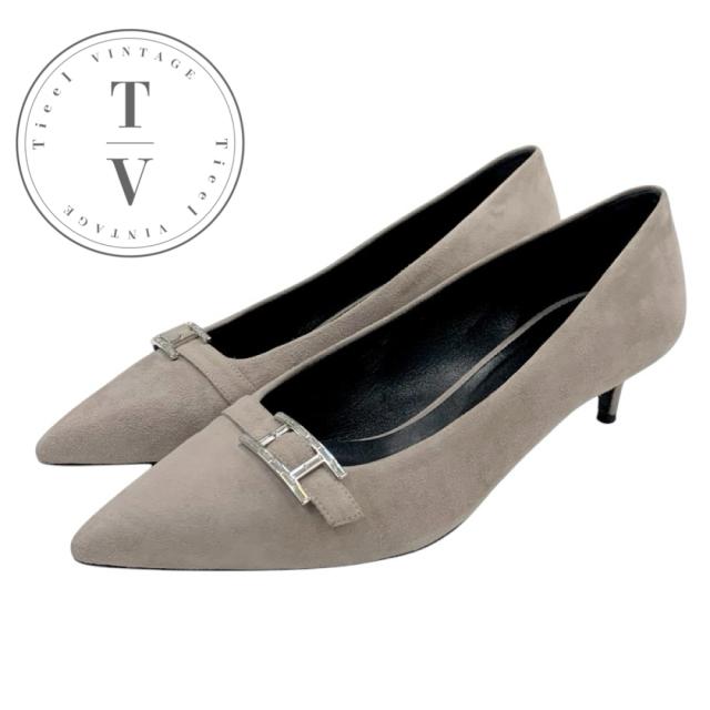 エルメス HERMES パンプス 靴 シューズ スエード グレー系 シルバー Hバックル ビジュー