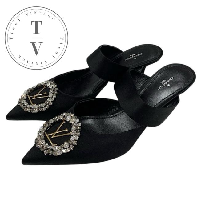 ルイヴィトン LOUIS VUITTON パンプス 靴 シューズ サテン ブラック 黒 未使用 ミュール サンダル ビジュー LVロゴ