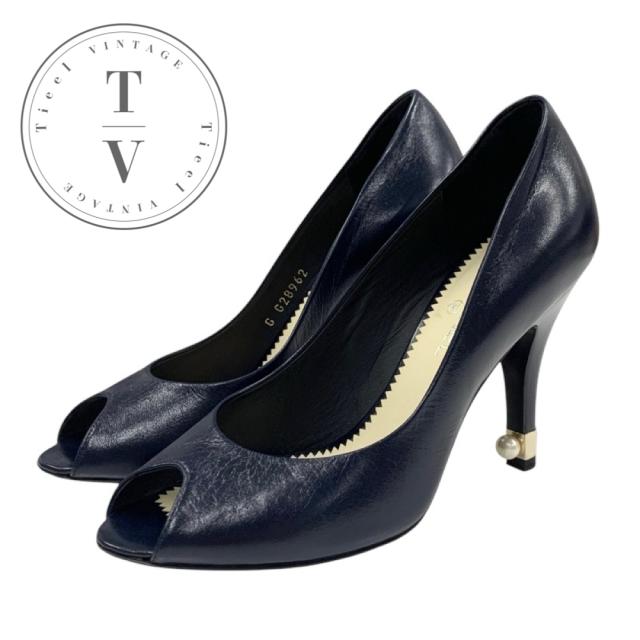 シャネル CHANEL パンプス 靴 シューズ レザー ネイビー ココマーク パール