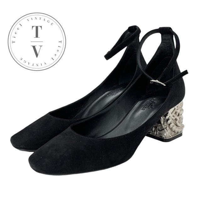 エルメス HERMES ガーリー パンプス 靴 シューズ スエード ブラック シルバー 黒 シェーヌダンクル ストラップ メタルヒール