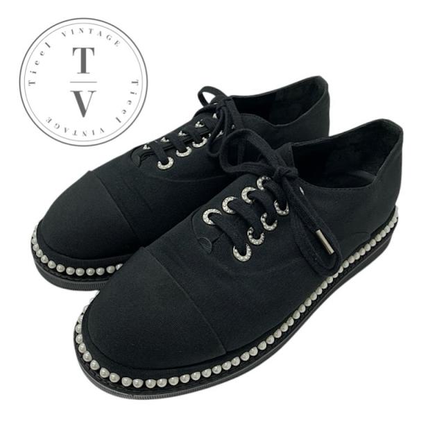 CHANEL シャネル パール レースアップシューズ エナメル パテント