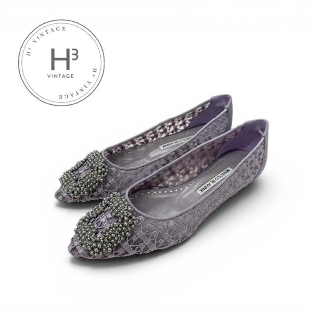マノロブラニク MANOLO BLAHNIK ハンギシ フラットシューズ 靴 シューズ ファブリック サテン ライトパープル レース パール