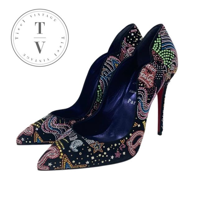 クリスチャンルブタン Christian Louboutin HOT CHICK STARLIGHT パンプス 靴 シューズ スエード ブラック マルチカラー 未使用 ラインストーン