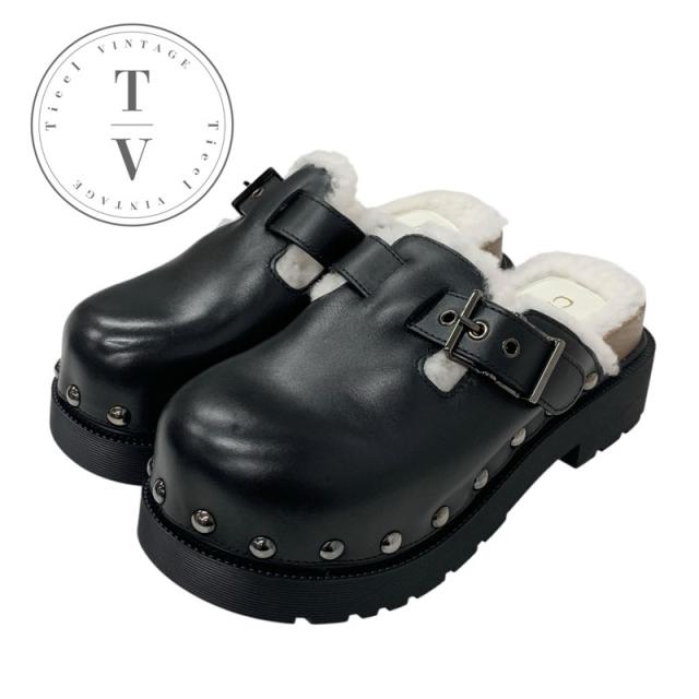 クリスチャンディオール CHRISTIAN DIOR DIOR QUAKE サンダル 靴 シューズ レザー ムートン ウッド ブラック ホワイト 未使用 ミュール