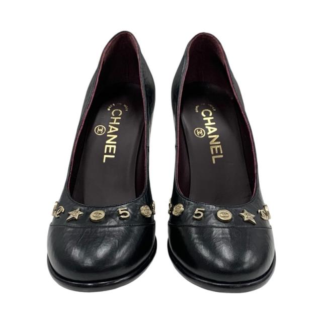 シャネル レザー アイコン カメリア ココマーク シワ加工 パンプス