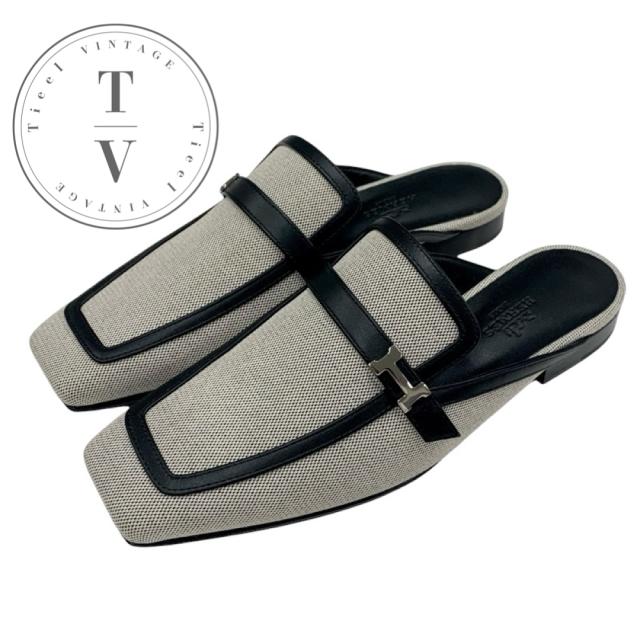 エルメス HERMES グルーピー フラットシューズ 靴 シューズ キャンバス レザー ブラック系 未使用 ミュール スリッパサンダル