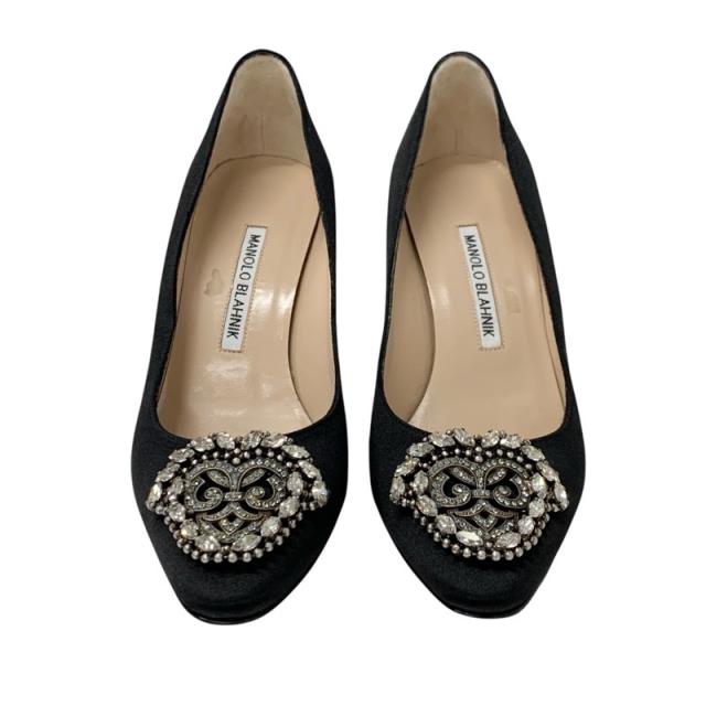 マノロブラニク MANOLO BLAHNIK オッカヴァ パンプス 靴 シューズ サテン ブラック 黒 ビジュー パーティーシューズ
