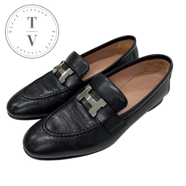 HERMES ブラック レザー ローファー　エルメス　タイム　革靴　ミュールにも HERMES ブラック レザー ローファー エルメス タイム 革靴