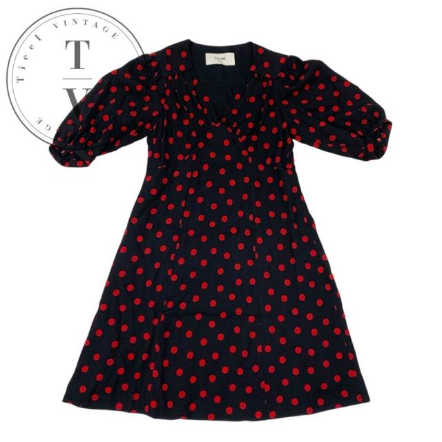 セリーヌ CELINE ワンピース レーヨン ブラック レッド ドット ドレス