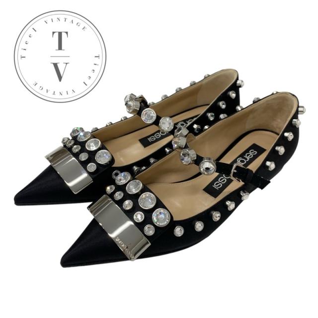 セルジオロッシ sergio rossi SR1 フラットシューズ 靴 シューズ サテン ブラック 黒 シルバー ビジュー メタルプレート バレリーナ