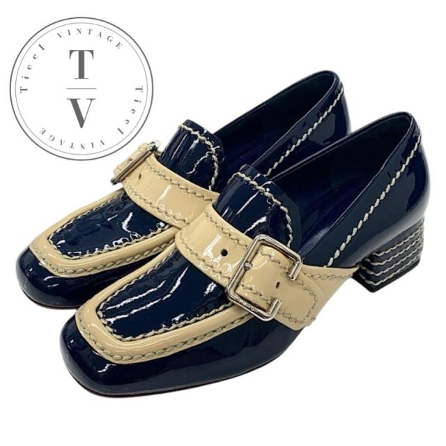 プラダ PRADA ローファー 革靴 靴 シューズ パテント ネイビー ベージュ パンプス ベルト ステッチ