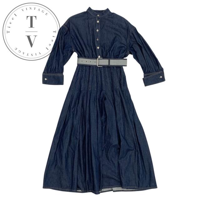 クリスチャンディオール CHRISTIAN DIOR ワンピース コットン ブルー シルバー デニム 半袖 ロゴ ベルト フレアドレス ロング