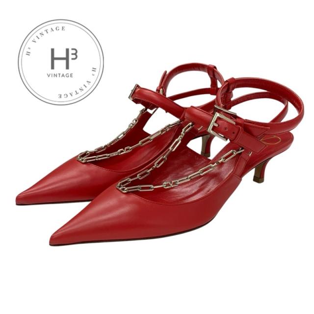 ヴァレンティノ VALENTINO パンプス 靴 シューズ レザー レッド ゴールド 未使用 ロゴチェーン アンクルストラップ