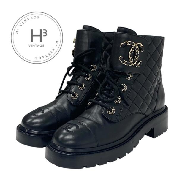 シャネル CHANEL ブーツ ショートブーツ 靴 シューズ レザー ブラック ゴールド マトラッセ ココマーク チェーン レースアップ