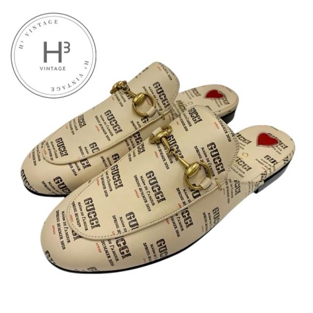グッチ GUCCI プリンスタウン フラットシューズ 靴 シューズ レザー ベージュ レッド ゴールド 未使用 ミュール スリッパサンダル