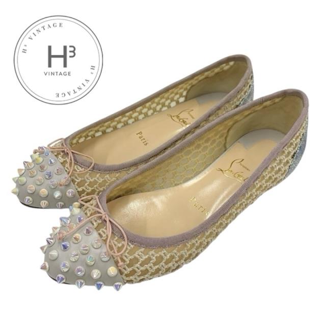 クリスチャンルブタン Christian Louboutin MIX FLAT フラットシューズ 靴 シューズ メッシュ レザー ベージュ シルバー オーロラ スパイク