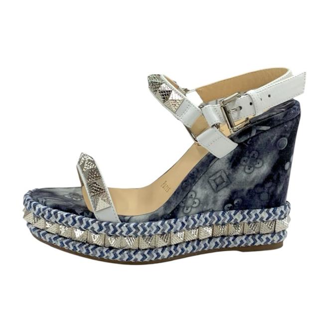 クリスチャンルブタン Christian Louboutin ピラクロウ サンダル 靴 シューズ ファブリック レザー ブルー系 ホワイト シルバー スタッズ_2
