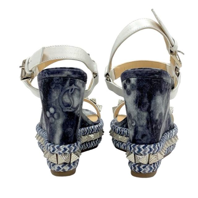 クリスチャンルブタン Christian Louboutin ピラクロウ サンダル 靴 シューズ ファブリック レザー ブルー系 ホワイト シルバー スタッズ_4