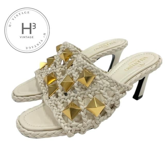 ヴァレンティノ VALENTINO サンダル 靴 シューズ レザー アイボリー ゴールド ミュール ローマンスタッズ 編み込み