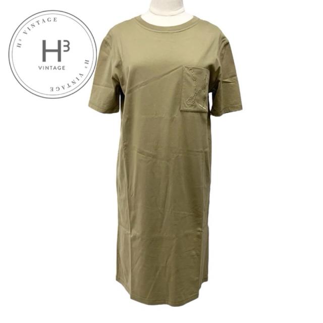 エルメス HERMES ワンピース カーキ コットン 刺繍 シェーヌダンクル