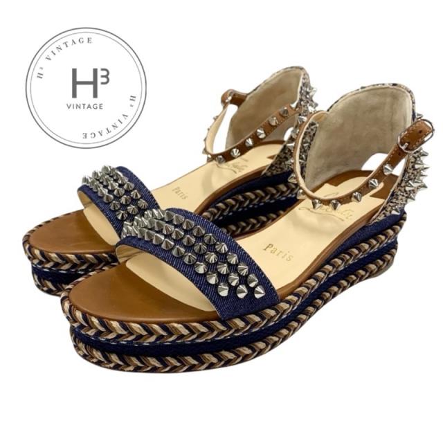 クリスチャンルブタン Christian Louboutin マドモニカ サンダル 靴 シューズ デニム レザー ブラウン ネイビー シルバー スパイク