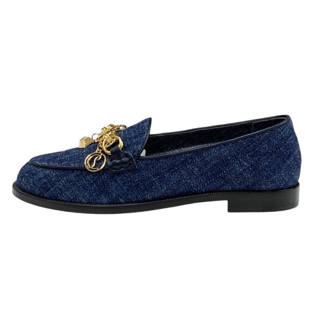 クリスチャンルブタン Christian Louboutin ローファー 革靴 靴 シューズ デニム ブルー ゴールド 未使用 フラットシューズ チェーン