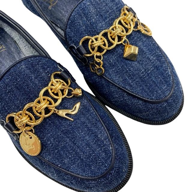 クリスチャンルブタン Christian Louboutin ローファー 革靴 靴 シューズ デニム ブルー ゴールド 未使用 フラットシューズ チェーン