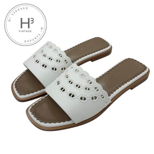 エルメス HERMES ガエル サンダル 靴 シューズ レザー ホワイト 白 未使用 シェーヌダンクル ミュール フラットサンダル