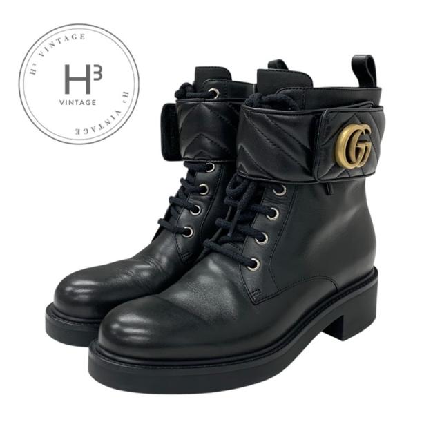 グッチ GUCCI ダブルG ブーツ ショートブーツ 靴 シューズ レザー ブラック 黒 ゴールド キルティング GGマーモント