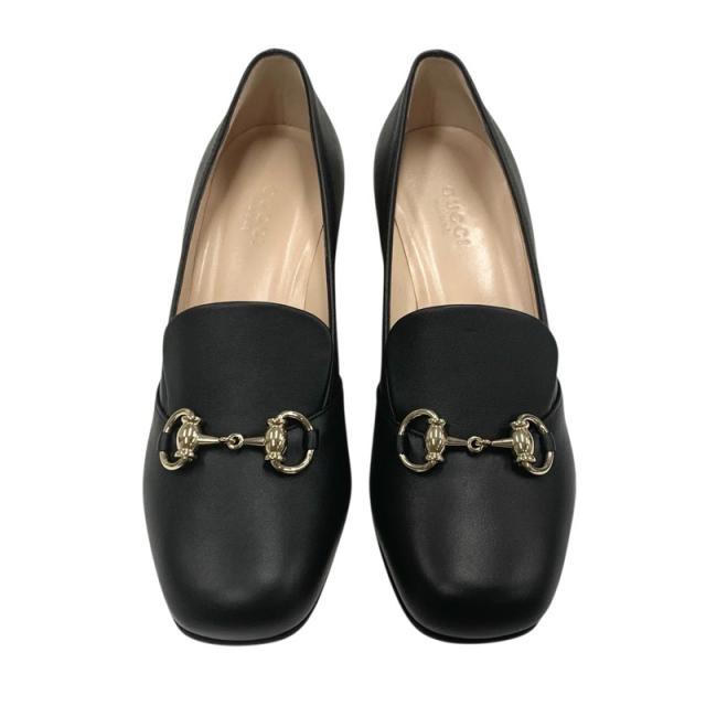 グッチ GUCCI パンプス 靴 シューズ レザー ブラック 黒 ゴールド 未使用 ローファーパンプス ホースビット_1