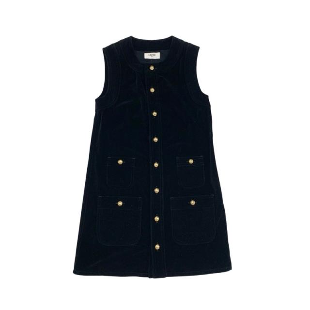 セリーヌ CELINE ワンピース コットン ブラック 黒 ゴールド トリオンフ ドレス ベロア ノースリーブ_3