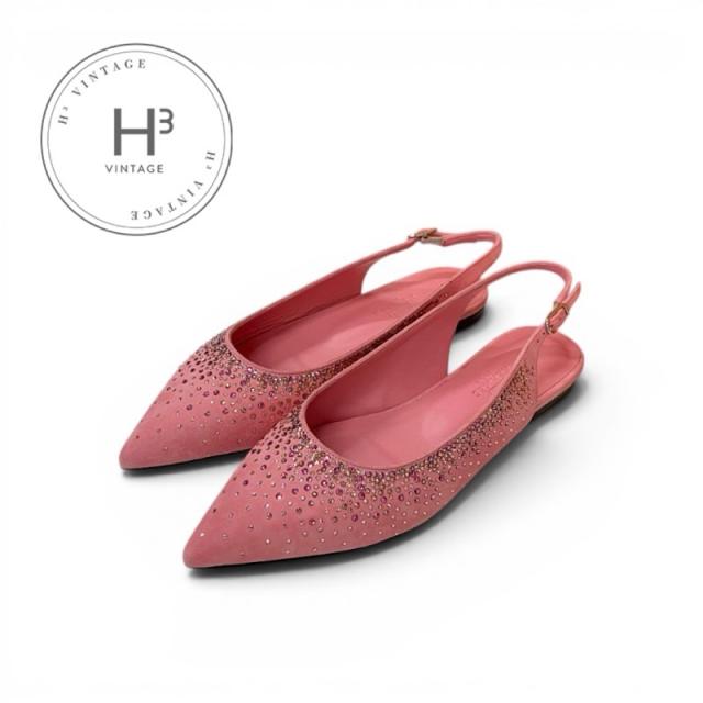 エルメス HERMES フラットシューズ 靴 シューズ スエード ピンク 未使用 スリングバック ラインストーン