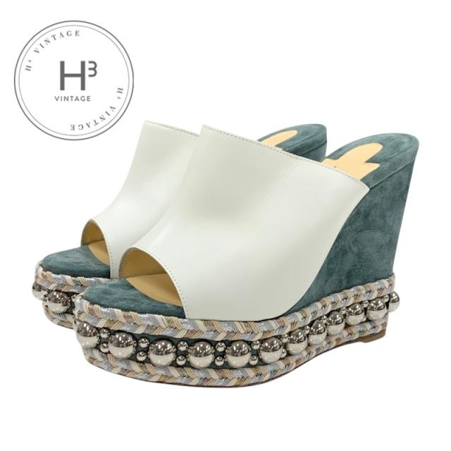 クリスチャンルブタン Christian Louboutin サンダル 靴 シューズ レザー スエード ホワイト グリーン シルバー 未使用 丸スタッズ