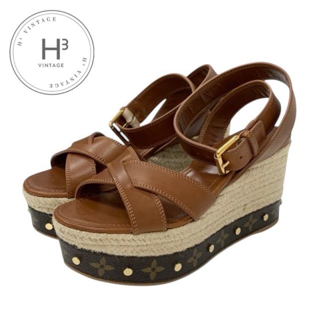 ルイヴィトン LOUIS VUITTON バウンダリー モノグラム サンダル 靴 シューズ レザー ブラウン ゴールド アンクルストラップ スタッズ