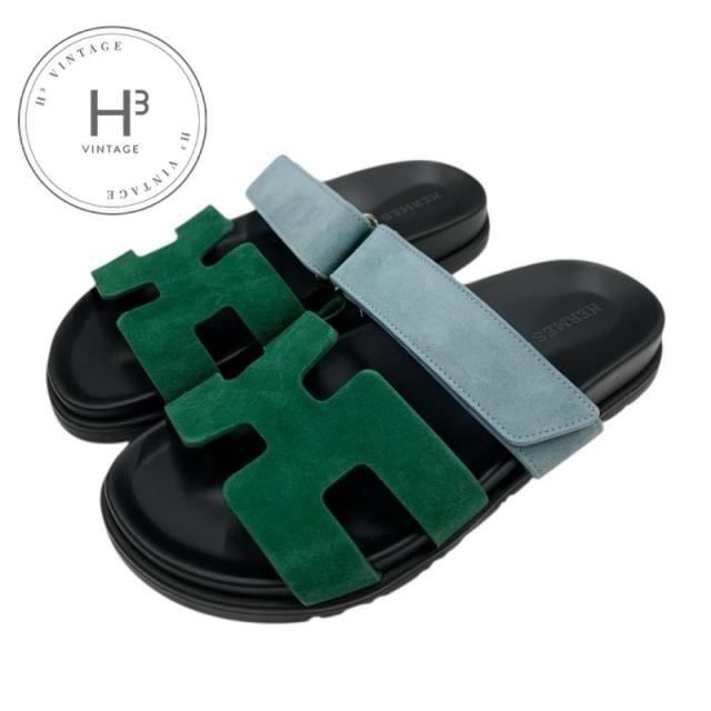 エルメス HERMES シプレ サンダル 靴 シューズ スエード グリーン ライトブルー フラットサンダル ミュール