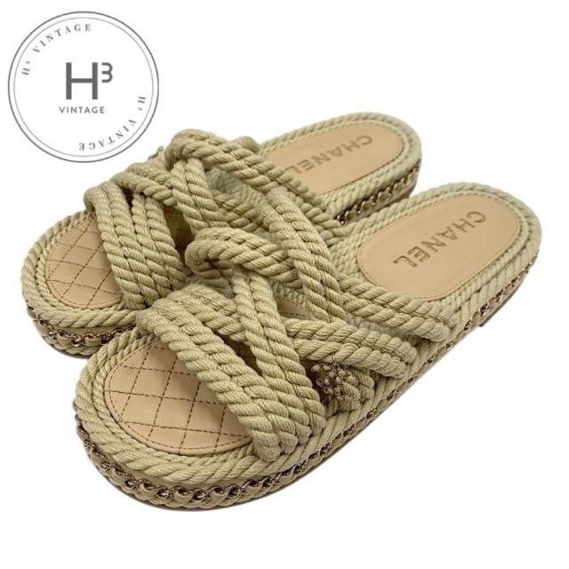シャネル CHANEL サンダル 靴 シューズ ファブリック レザー ベージュ ココマーク チェーン コード