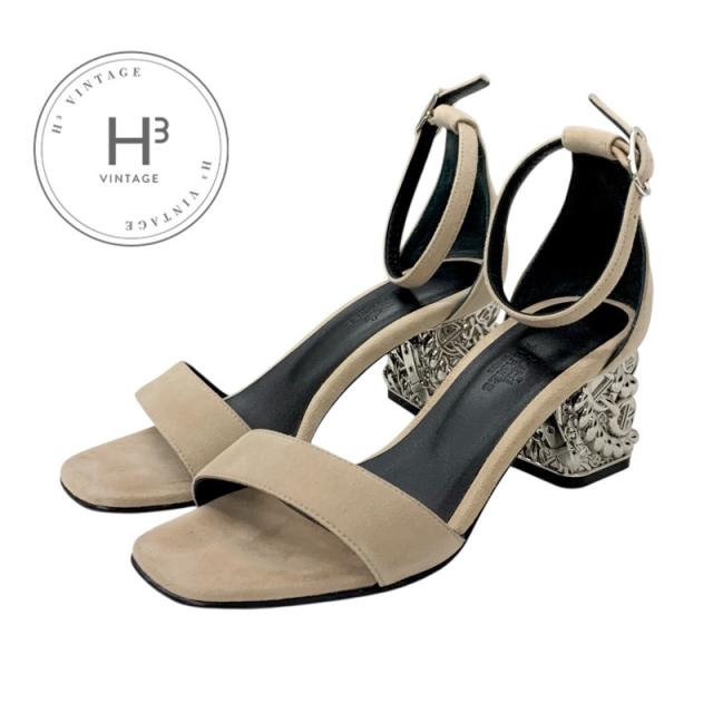 エルメス HERMES グラム60 サンダル 靴 シューズ スエード ベージュ シルバー シェーヌダンクル メタルヒール ストラップ