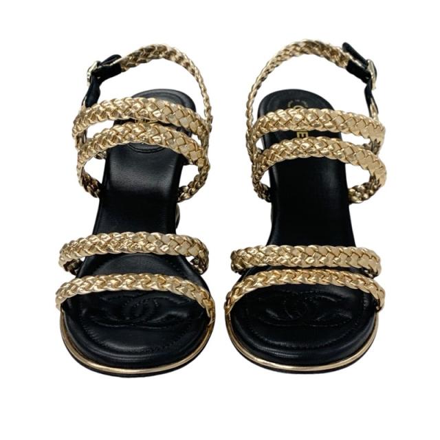 シャネル CHANEL サンダル 靴 シューズ レザー ゴールド ブラック ココマーク 編み込み ストラップ_1