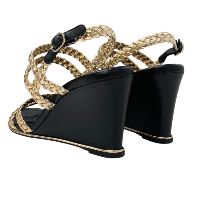 シャネル CHANEL サンダル 靴 シューズ レザー ゴールド ブラック ココマーク 編み込み ストラップ_3