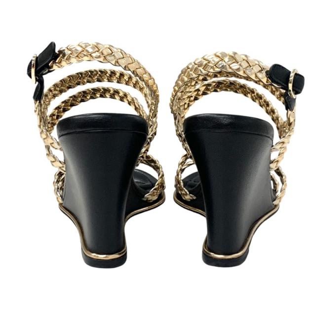 シャネル CHANEL サンダル 靴 シューズ レザー ゴールド ブラック ココマーク 編み込み ストラップ_4
