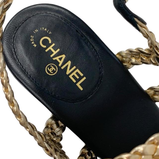 シャネル CHANEL サンダル 靴 シューズ レザー ゴールド ブラック ココマーク 編み込み ストラップ_6