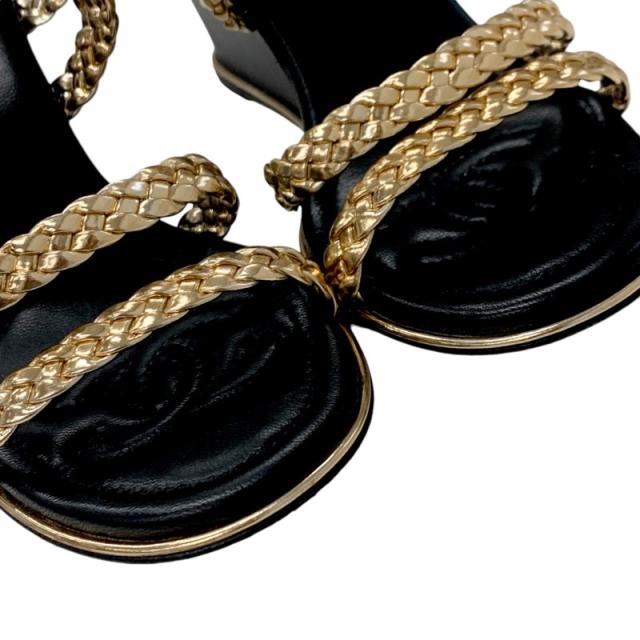 シャネル CHANEL サンダル 靴 シューズ レザー ゴールド ブラック ココマーク 編み込み ストラップ_8