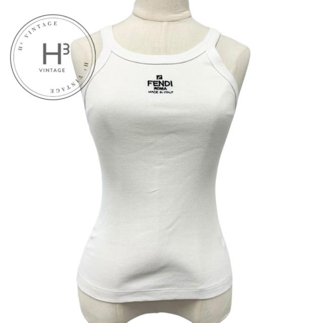 フェンディ FENDI トップス コットン ホワイト ブラック ロゴ タンクトップ