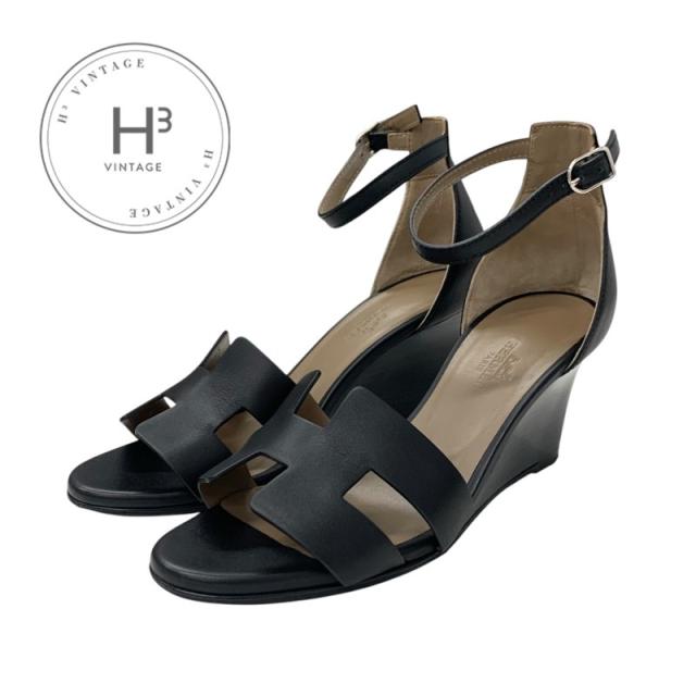 エルメス HERMES レジェンド サンダル 靴 シューズ レザー ブラック 黒 ウェッジソール アンクルストラップ