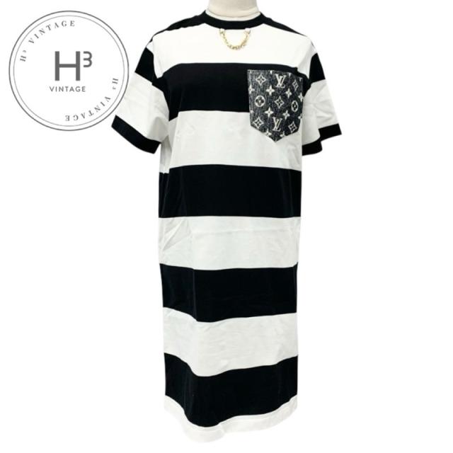 ルイヴィトン LOUIS VUITTON ワンピース コットン ブラック ホワイト 未使用 ボーダー ポケット チェーン