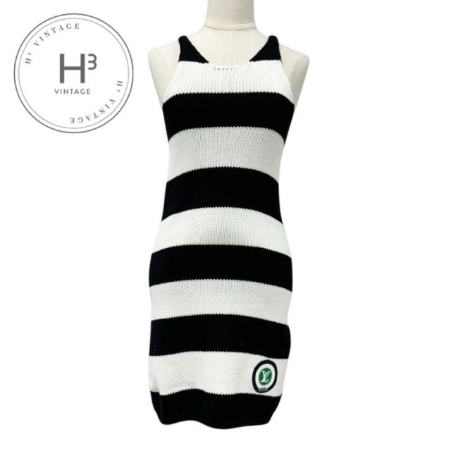 ルイヴィトン LOUIS VUITTON ワンピース コットン ブラック ホワイト ロゴ ワッペン ボーダー