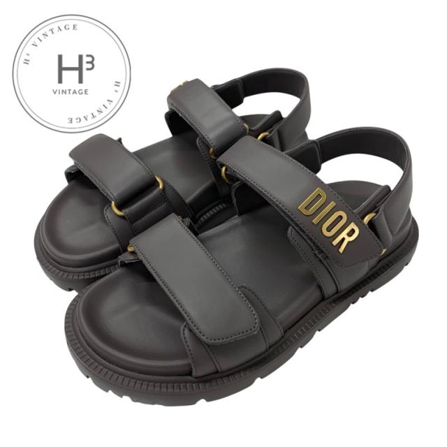 クリスチャンディオール CHRISTIAN DIOR DIORACT サンダル 靴 シューズ レザー グレー ゴールド 未使用 ロゴ スポーツサンダル フラット