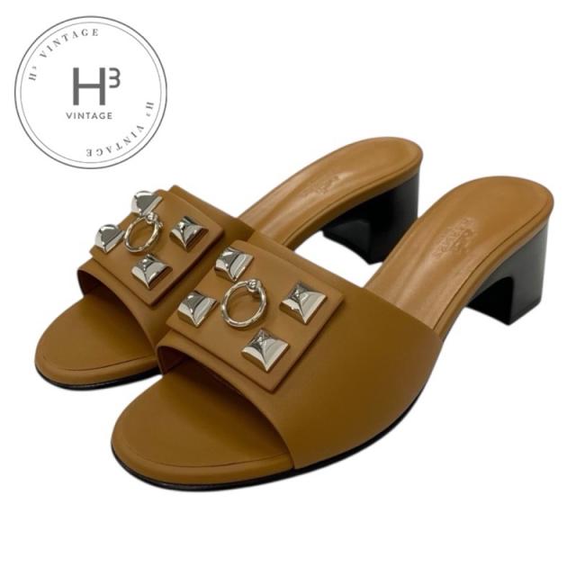 エルメス HERMES サンダル スタッズ ミュール ウッドヒール サボ ホワイト